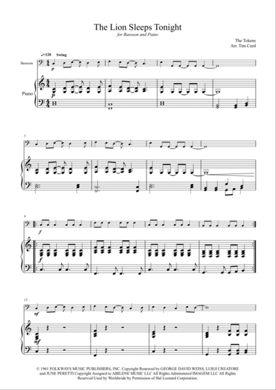 The Lion Sleeps Tonight Bassoon scores gallery preview page 2