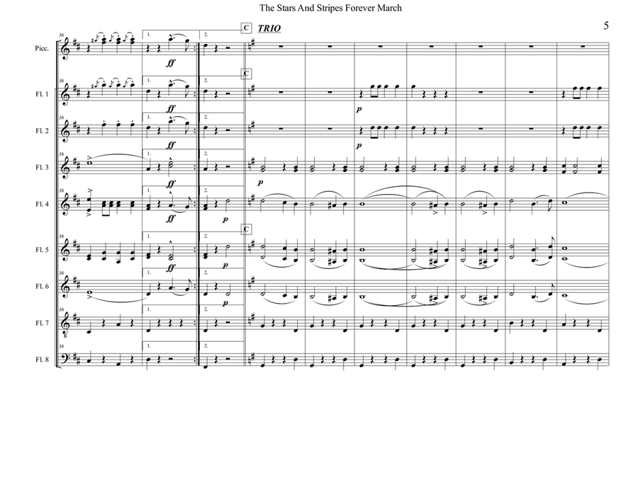 The Stars and Stripes Forever , the national march by Sousa, for flute choir / flute ensemble Flute Choir scores gallery preview page 6