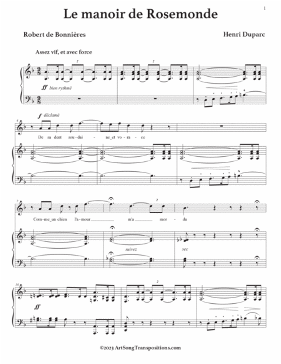 DUPARC: Le Manoir de Rosemonde (transposed to D minor) Voice scores gallery preview page 2