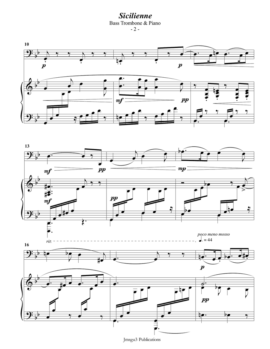 Fauré: Sicilienne for Bass Trombone & Piano Trombone scores gallery preview page 2