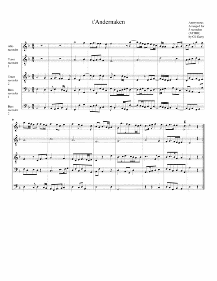t'Andernaken (arrangement for 5 recorders)
