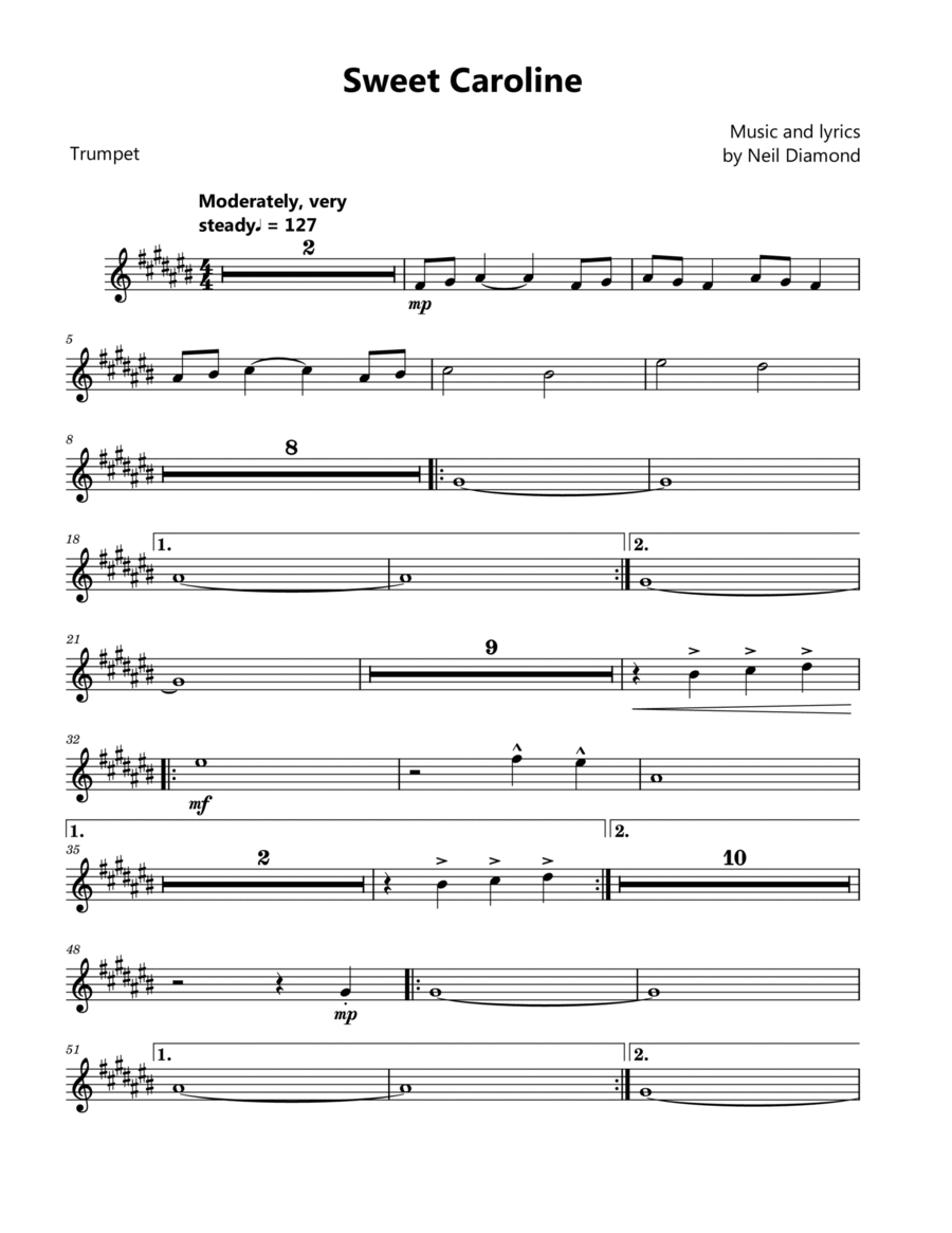 Sweet Caroline Sweet Caroline B-Flat Trumpet scores gallery preview page 1
