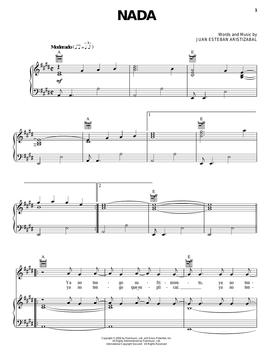 Nada Piano, Vocal, Guitar scores gallery preview page 1