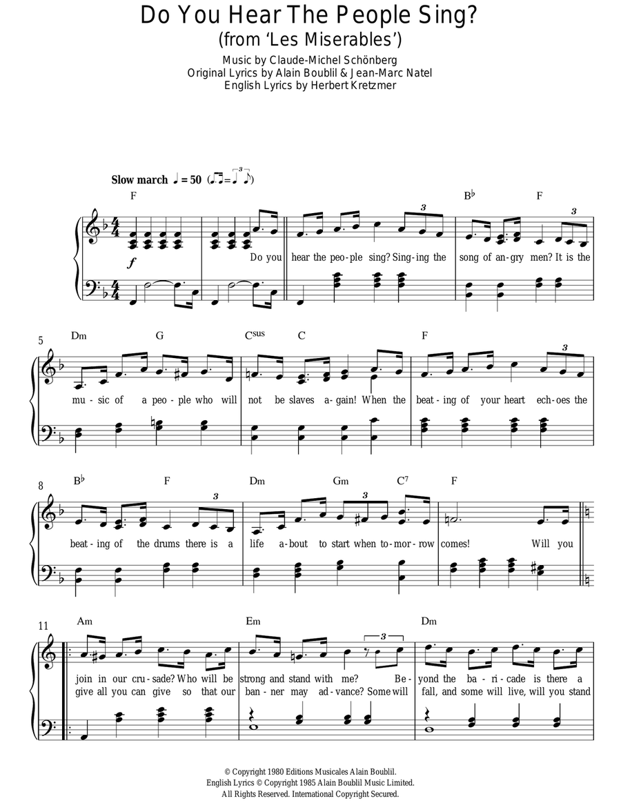 Do You Hear The People Sing? (from Les Miserables) Easy Piano scores gallery preview page 1