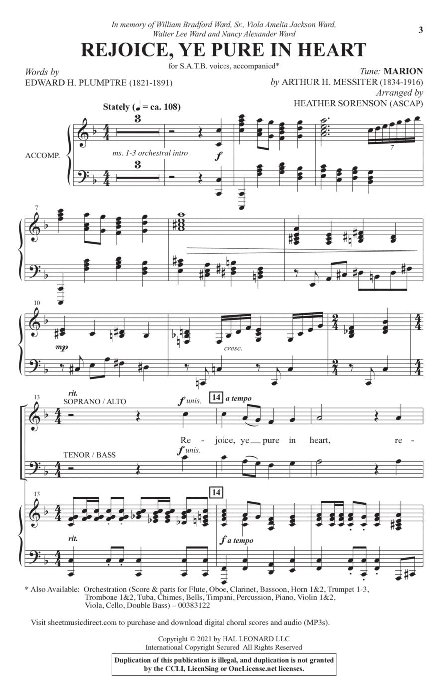 Rejoice, Ye Pure In Heart (arr. Heather Sorenson) 4-Part scores gallery preview page 1