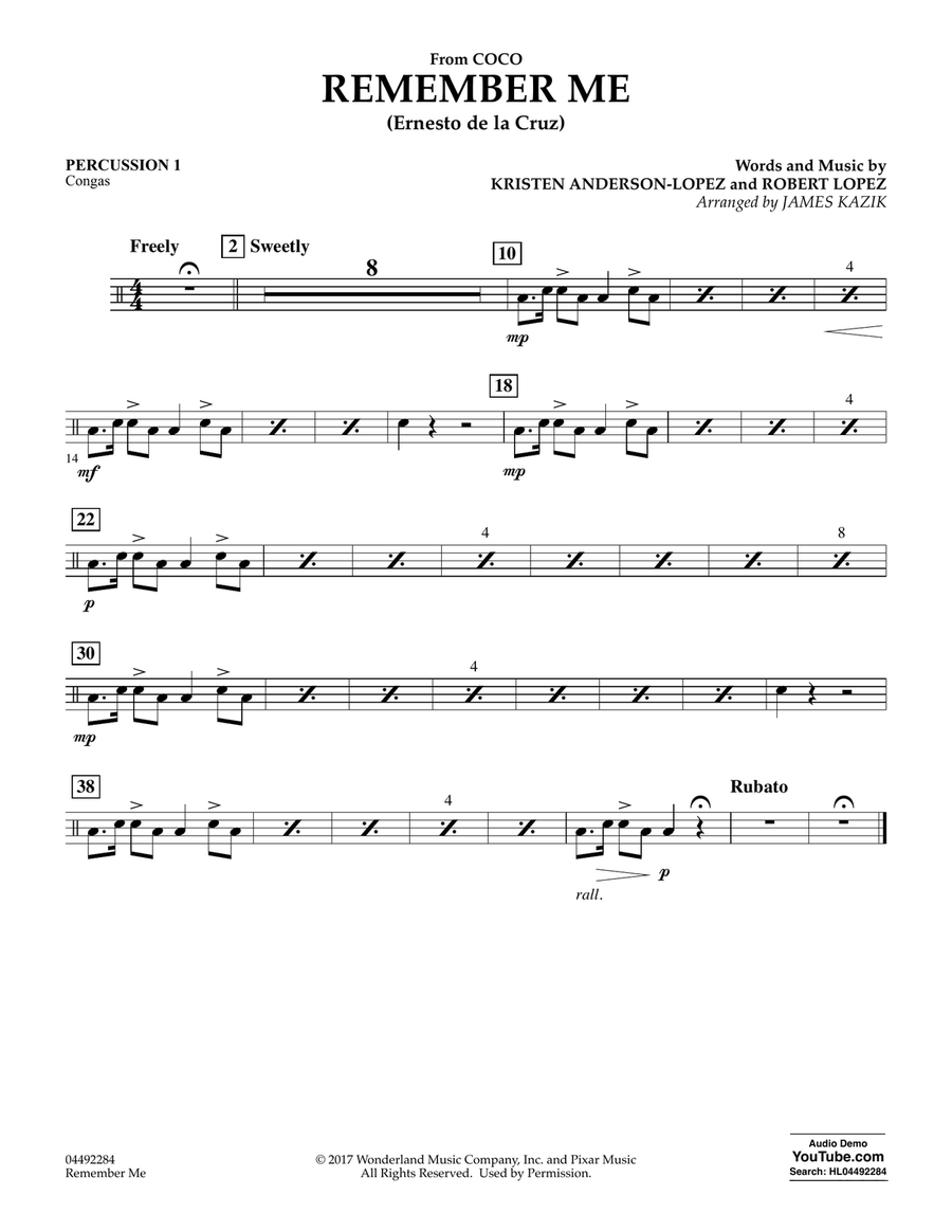 Book cover for Remember Me (from Coco) (arr. James Kazik) - Percussion 1