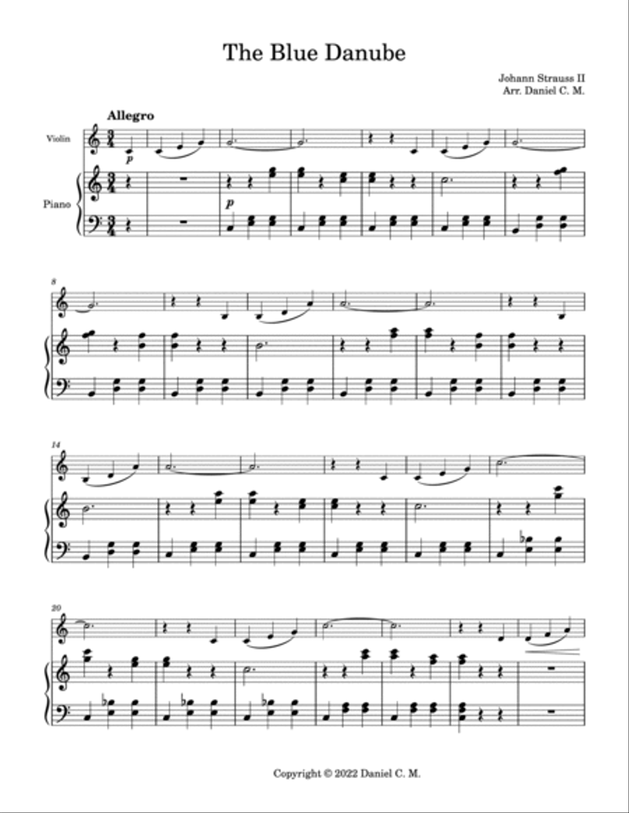 The Blue Danube for violin and piano easy