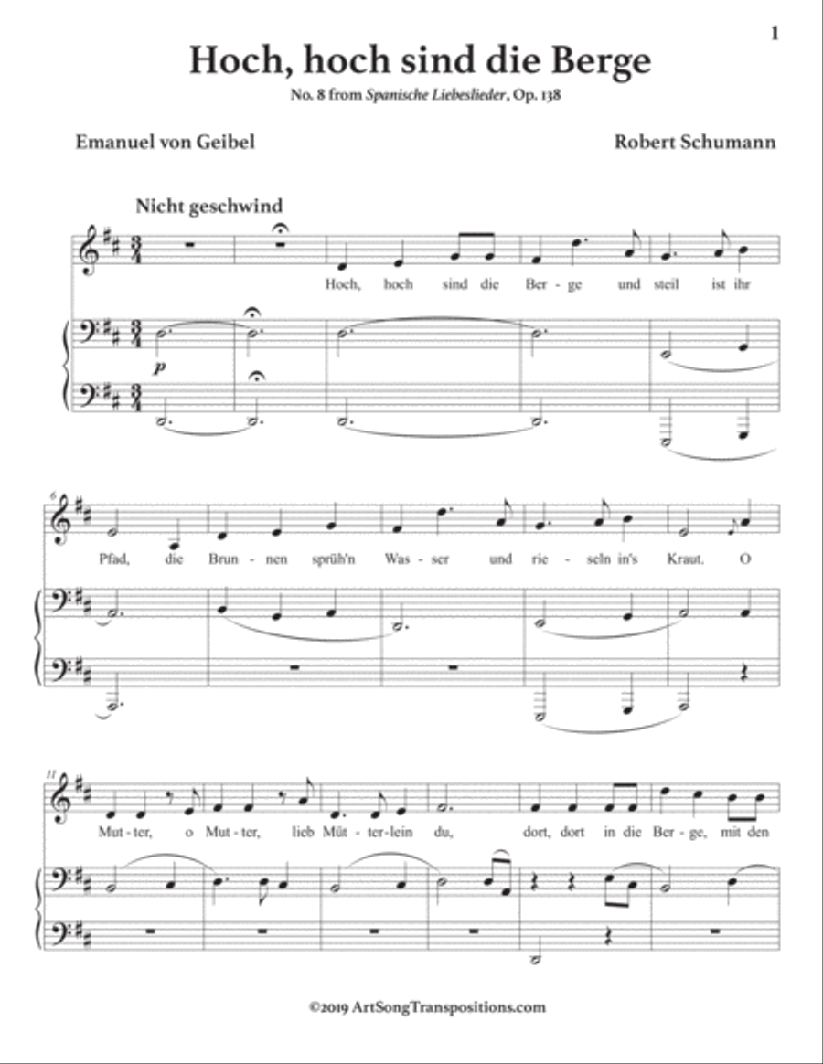 SCHUMANN: Hoch, hoch sind die Berge, Op. 138 no. 8 (transposed to D major) Voice scores gallery preview page 2