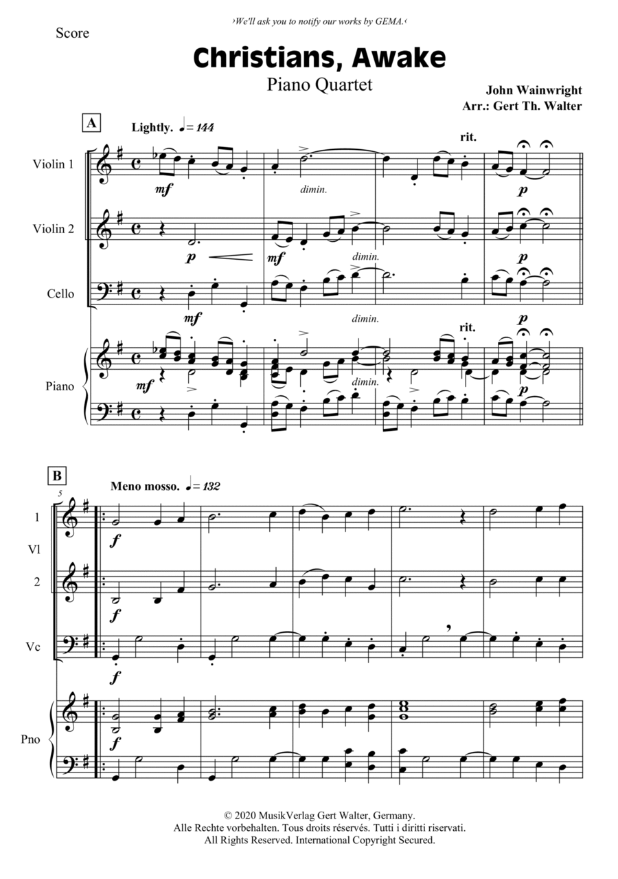 Christians, Awake, Salute The Happy Morn Piano Quartet scores gallery preview page 1