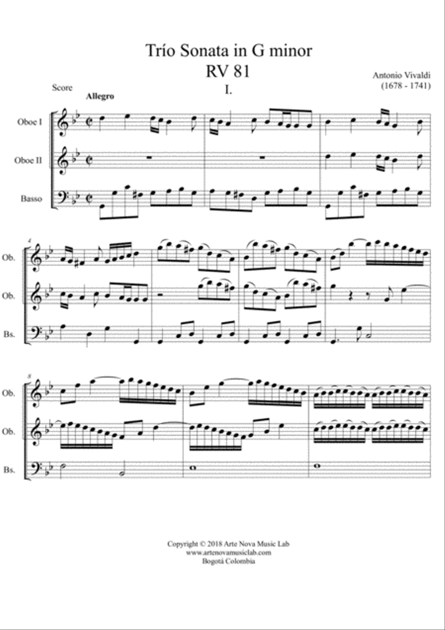 Trio Sonata in G minor for two oboes and bassoon , RV 81. image number null