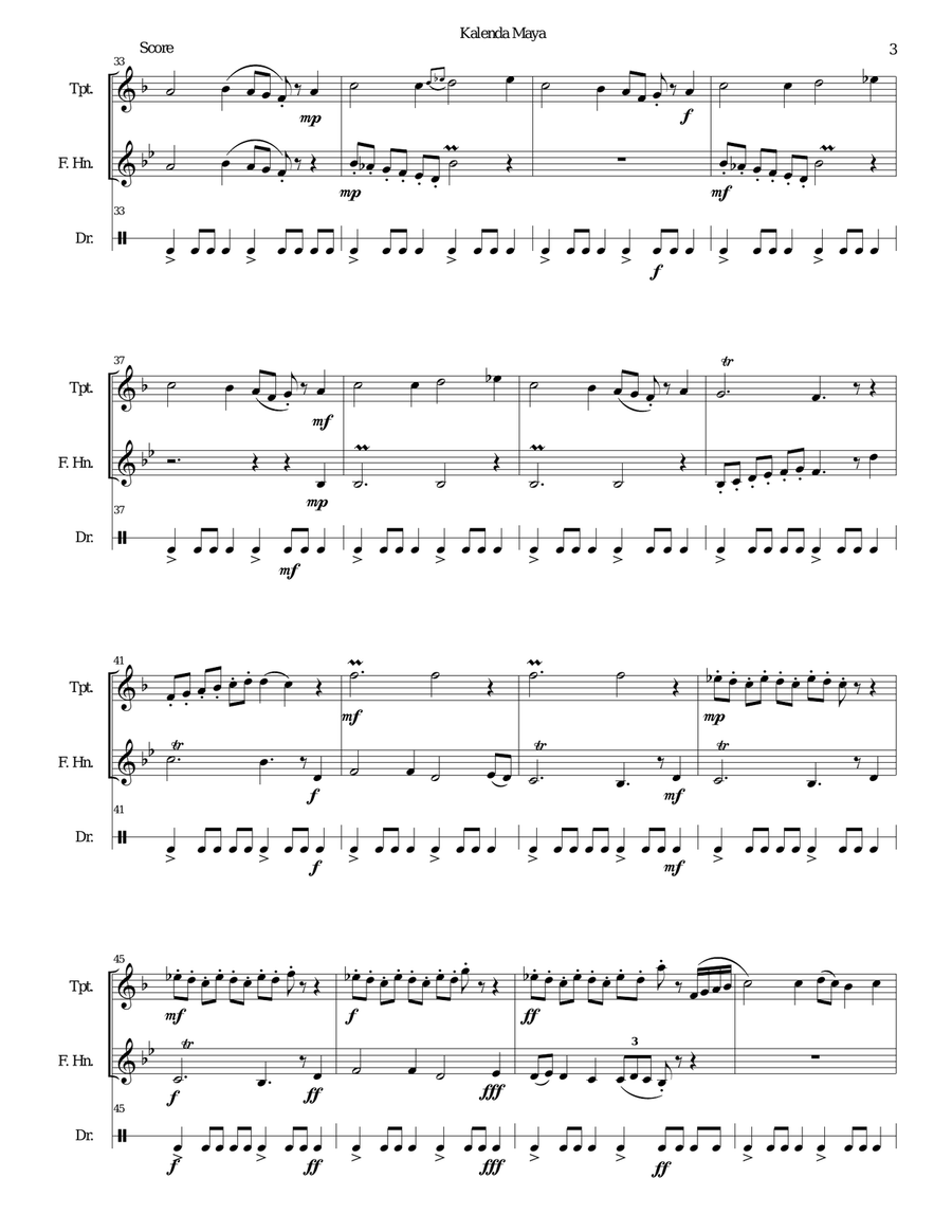 Kalenda Maya for trumpet, horn and drum Small Ensemble scores gallery preview page 3