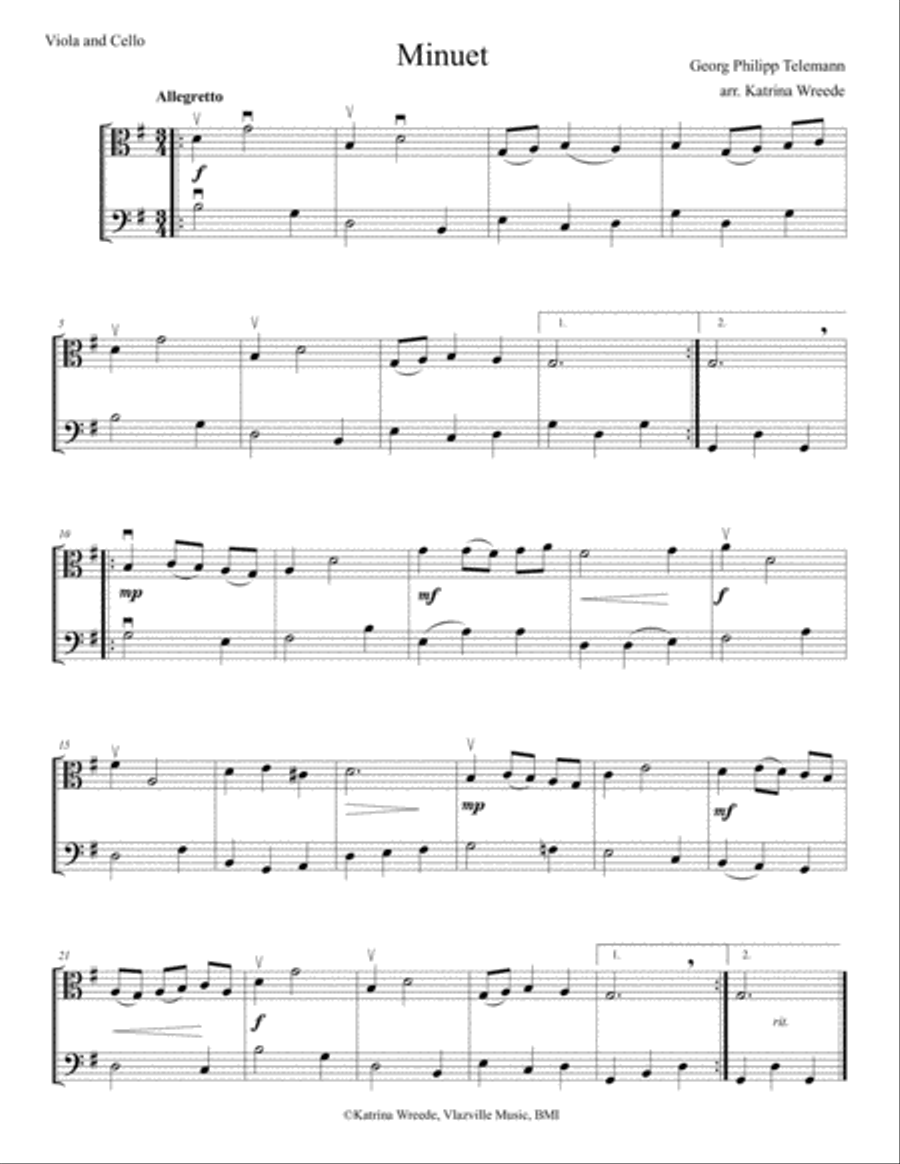 Minuet for Viola and Cello by Telemann String Duet scores gallery preview page 1