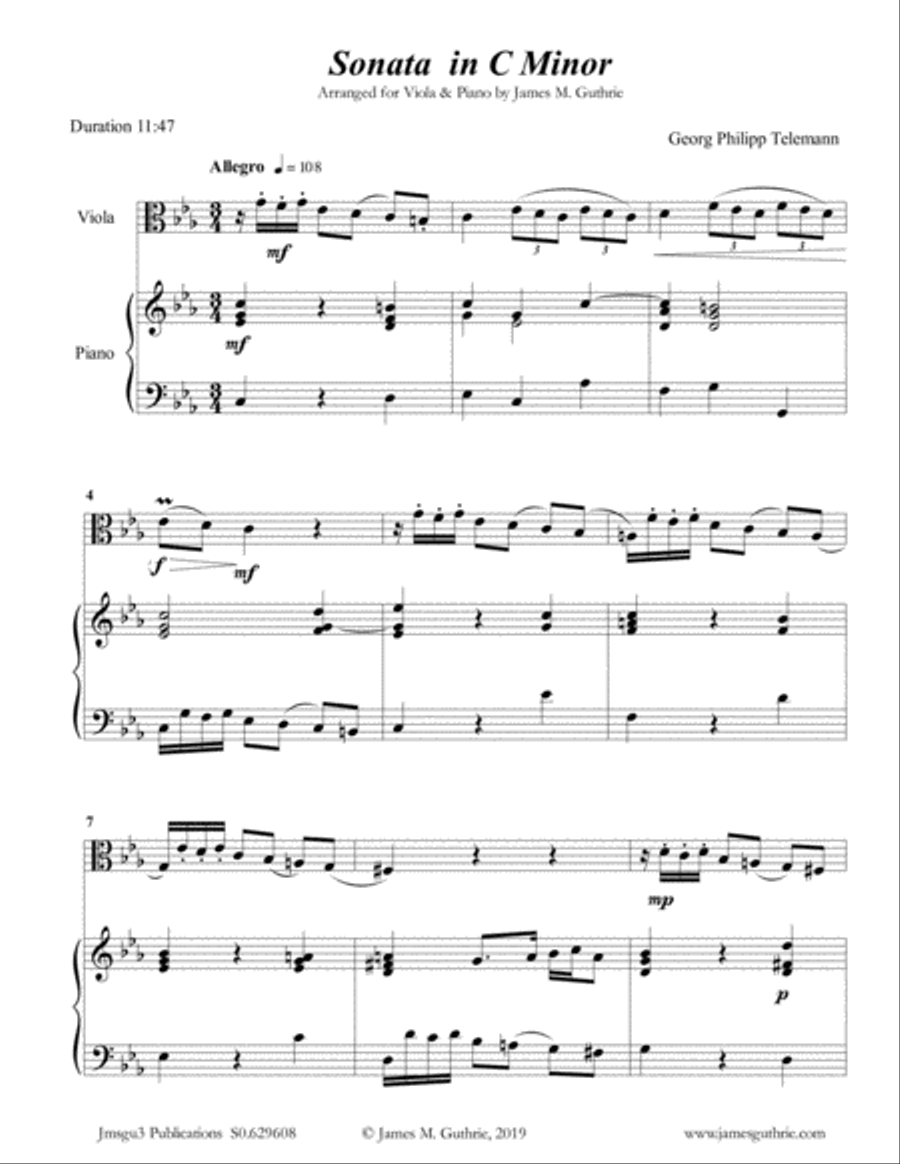 Telemann: Sonata in C Minor for Viola & Piano Viola scores gallery preview page 1