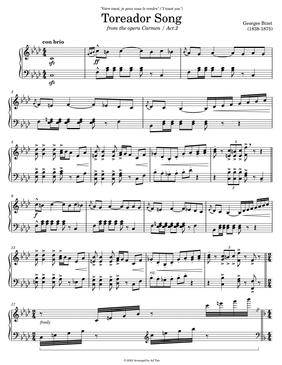 Toreador Song by Georges Bizet Piano Solo scores gallery preview page 1