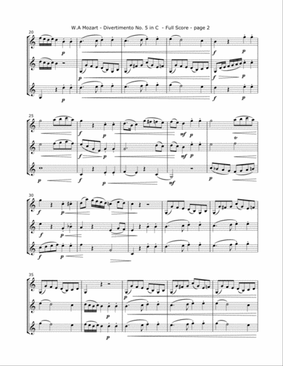 Mozart, W. - Divertimento No. 5 (Mvt. 4) for Three Violins String Trio scores gallery preview page 2