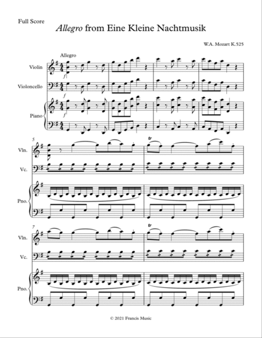 Allegro from Eine Kleine Nachtmusik, for Violin, Cello and Piano Piano Trio scores gallery preview page 2