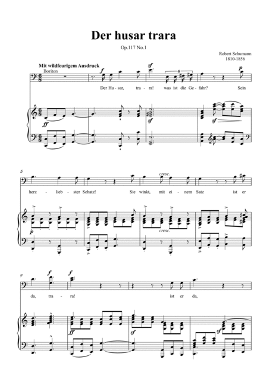 Schumann-Der husar trara Op.117 No.1 in C Major for Voice and Piano Voice Solo scores gallery preview page 2