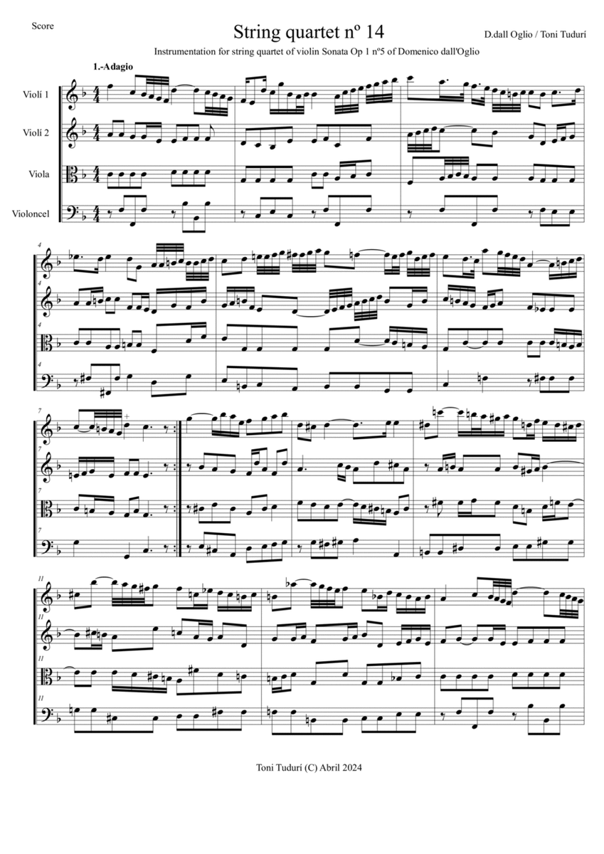 String quartet nº14 (arrangement of Domenico dall'Oglio violin sonata Op.1 nº5) image number null