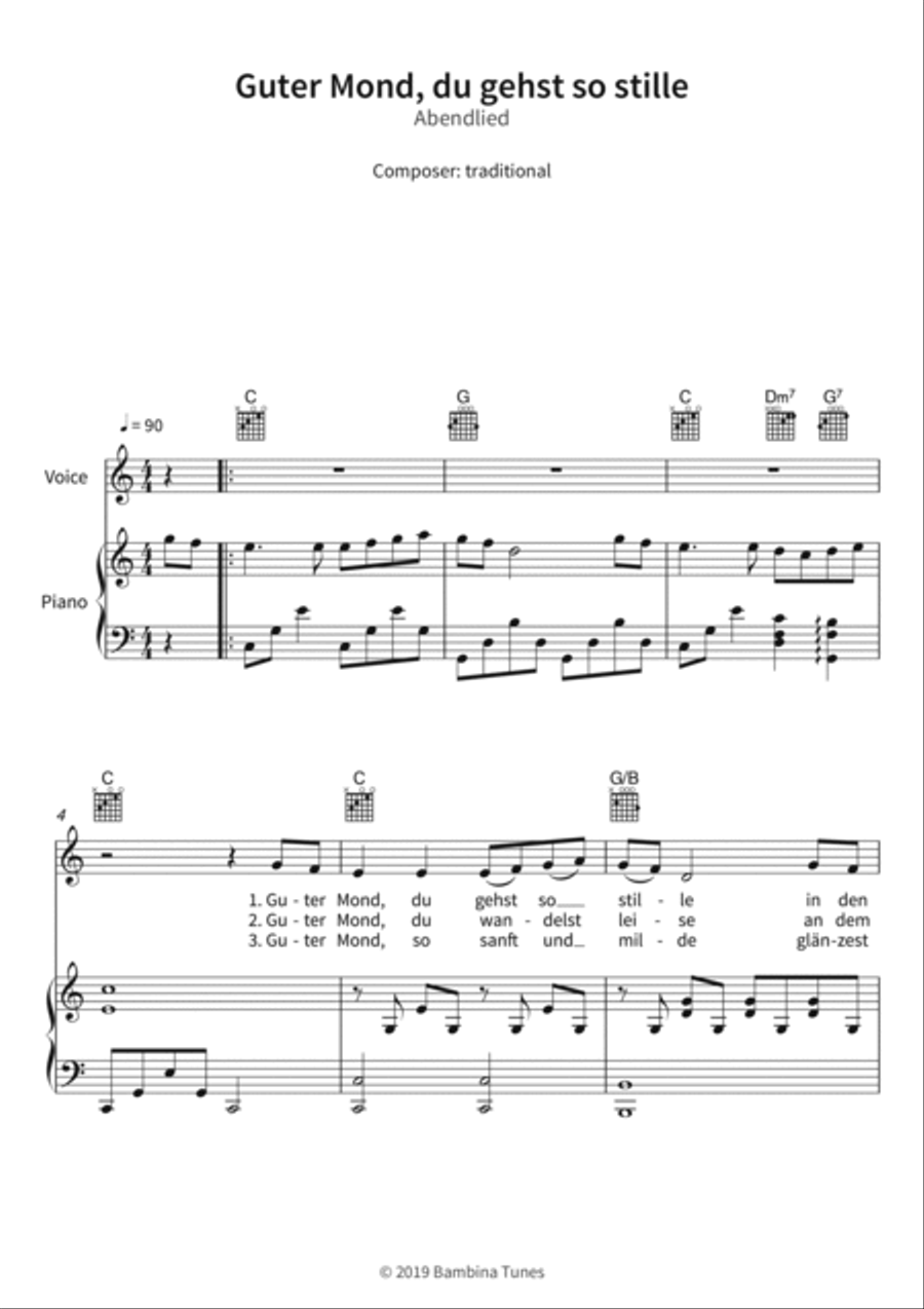 Guter Mond, du gehst so stille Piano, Vocal, Guitar scores gallery preview page 3