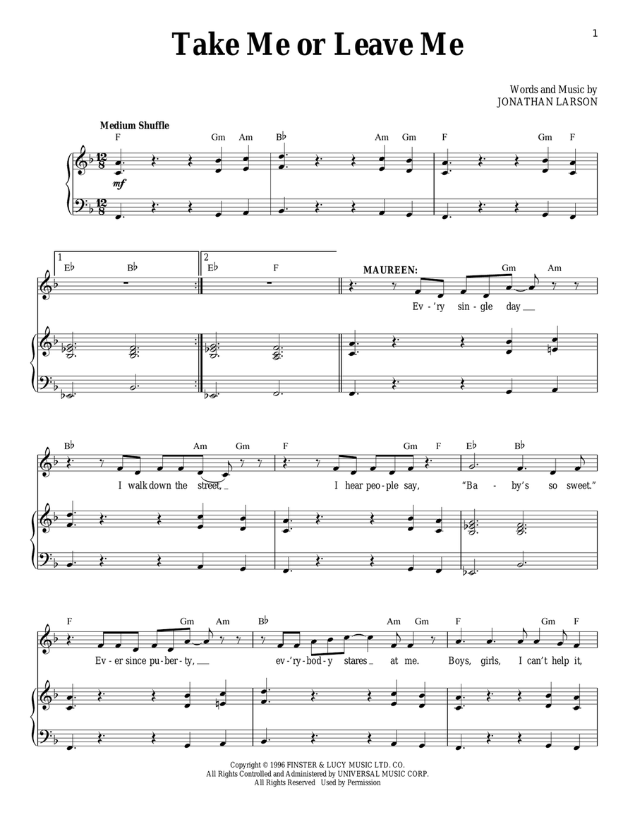 Take Me Or Leave Me Piano, Vocal scores gallery preview page 1