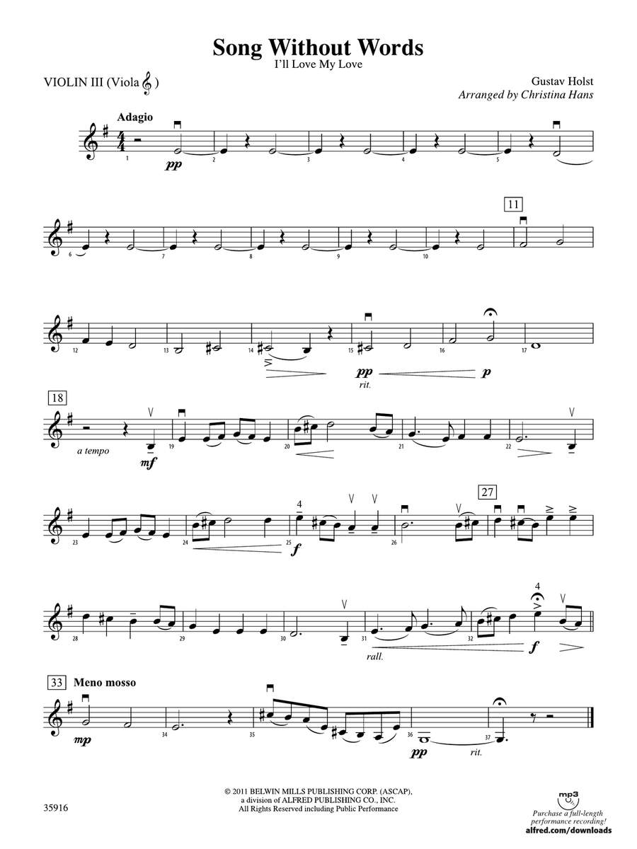 Song Without Words: 3rd Violin (Viola [TC])