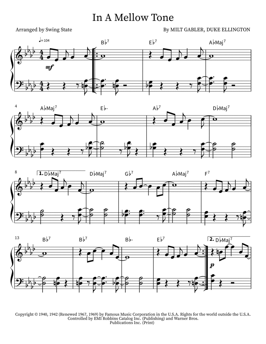 In A Mellow Tone In A Mellow Tone Piano Solo scores gallery preview page 1