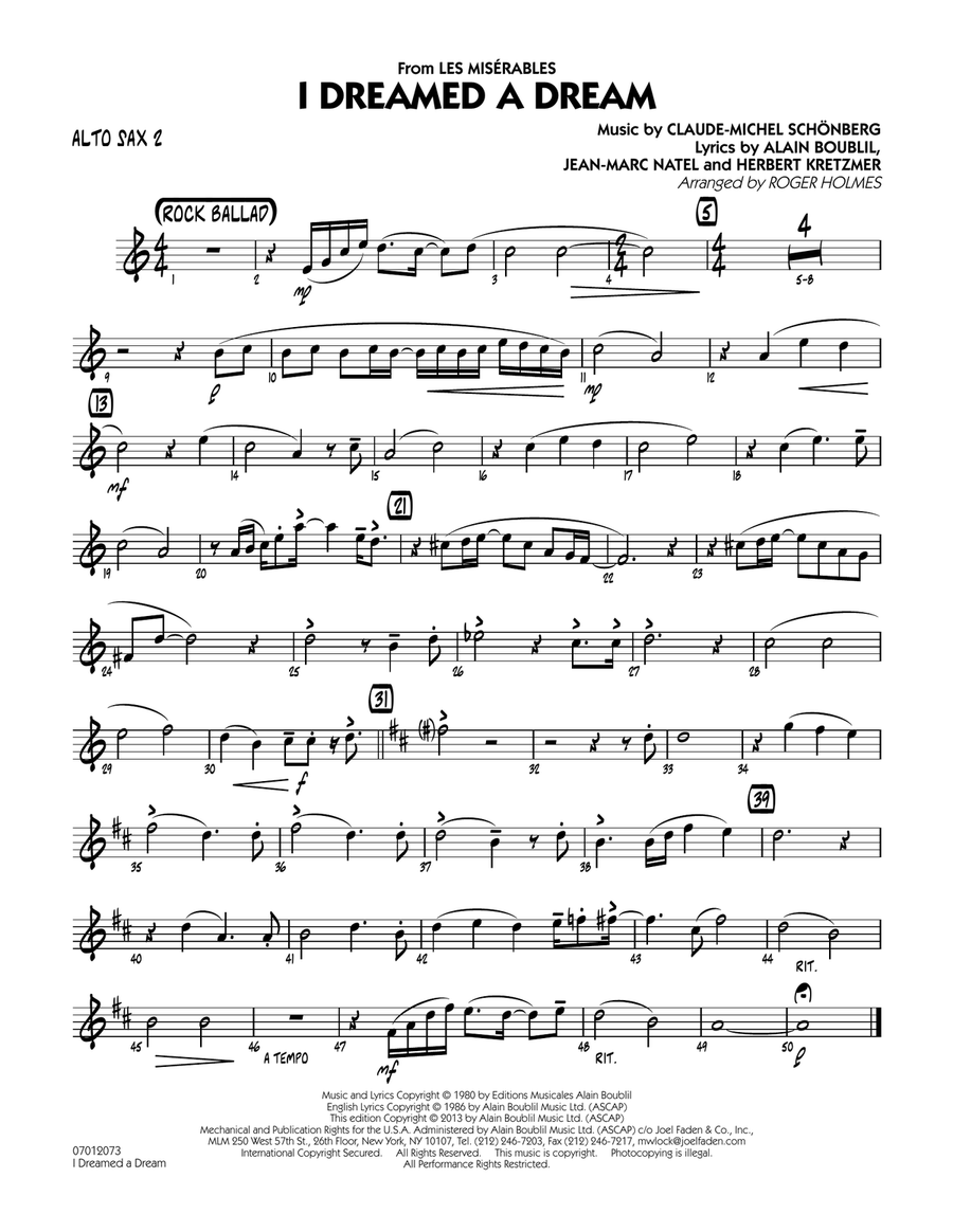 I Dreamed a Dream (from Les Miserables) - Alto Sax 2 Jazz Ensemble scores gallery preview page 1