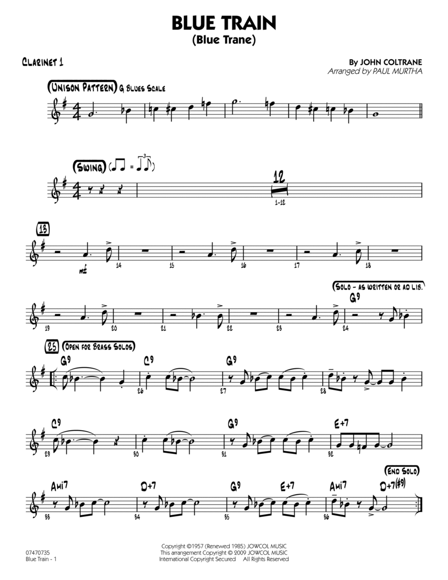 Blue Train (Blue Trane) (arr. Paul Murtha) - Bb Clarinet 1 Jazz Ensemble scores gallery preview page 1