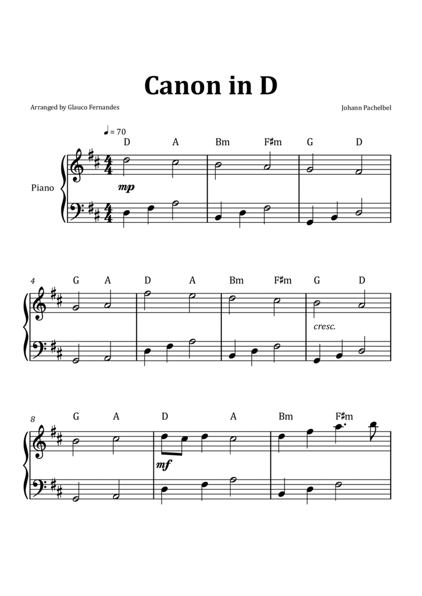 Canon by Pachelbel - Easy/Intermediate Piano Solo with Chord Notation image number null