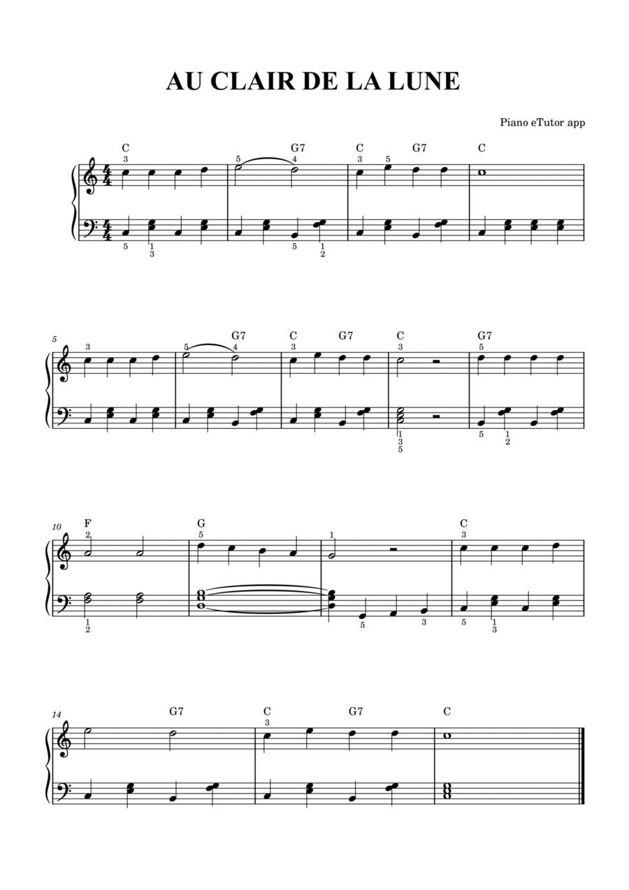 Au Clair de la Lune - piano sheet music Easy Piano scores gallery preview page 1