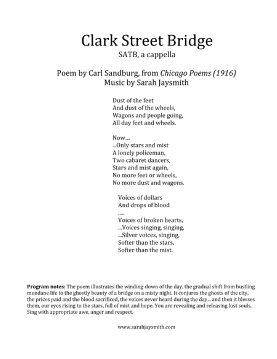 Clark Street Bridge (SATB), original composition by Sarah Jaysmith (text by Carl Sandburg) 4-Part scores gallery preview page 1