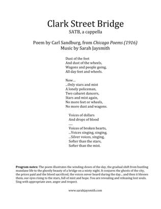 Book cover for Clark Street Bridge (SATB), original composition by Sarah Jaysmith (text by Carl Sandburg)
