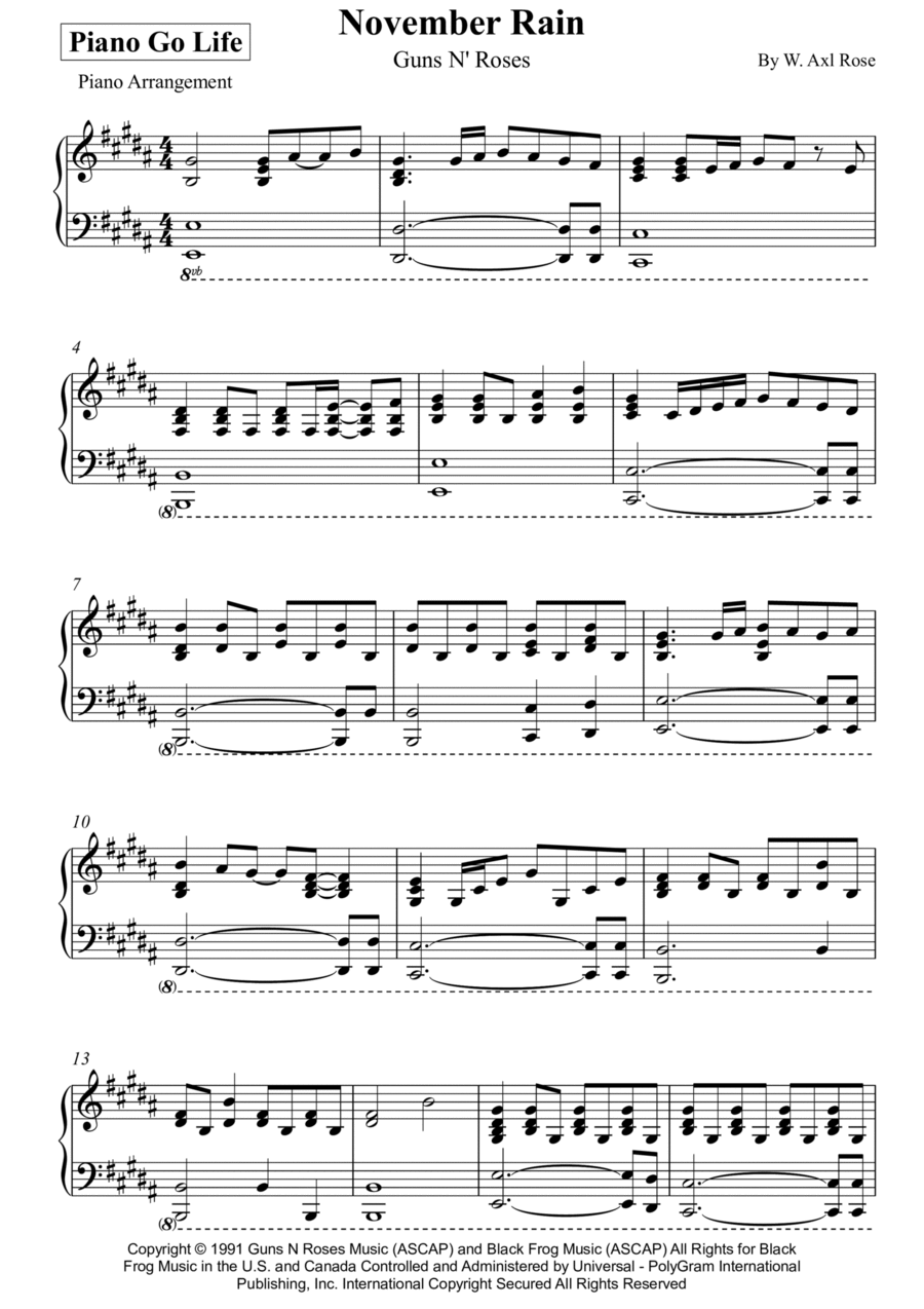November Rain Piano Solo scores gallery preview page 1