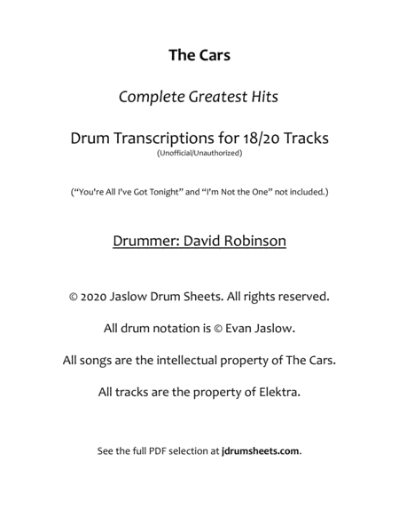 Cars, The - Almost Complete Greatest Hits Drum Transcription