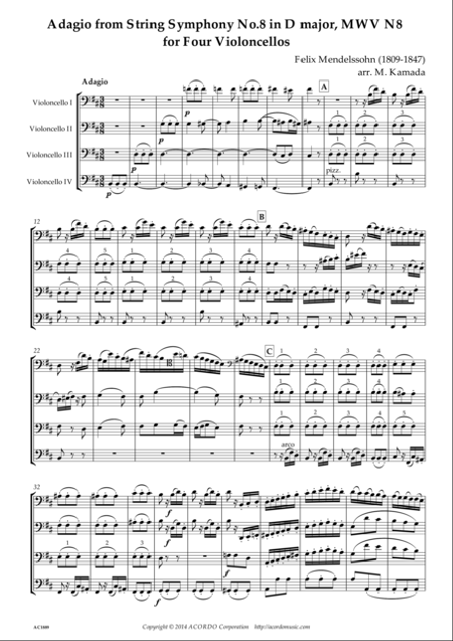 Adagio from String Symphony No.8 in D major, MWV N8 for Four Violoncellos Cello Solo scores gallery preview page 1