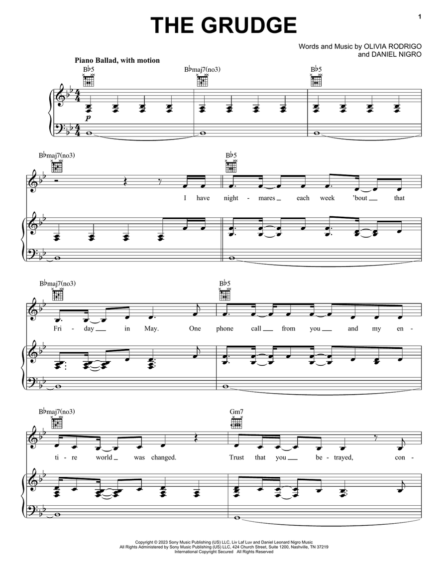 the grudge Piano, Vocal, Guitar scores gallery preview page 1