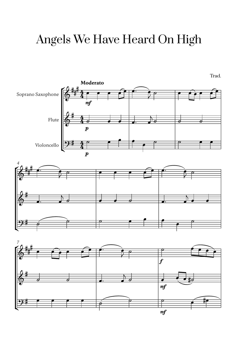 Angels We Have Heard On High (for Soprano Saxophone, Flute and Cello) Small Ensemble scores gallery preview page 1