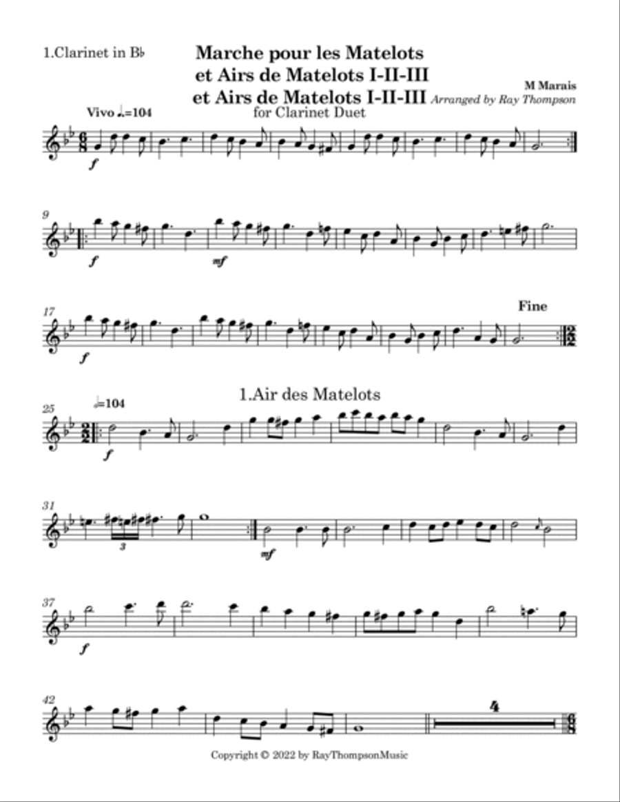 Marais: Marche pour les Matelots (Masters in this Hall) et Airs de Matelots I-II-III - clarinet duet Clarinet Duet scores gallery preview page 5
