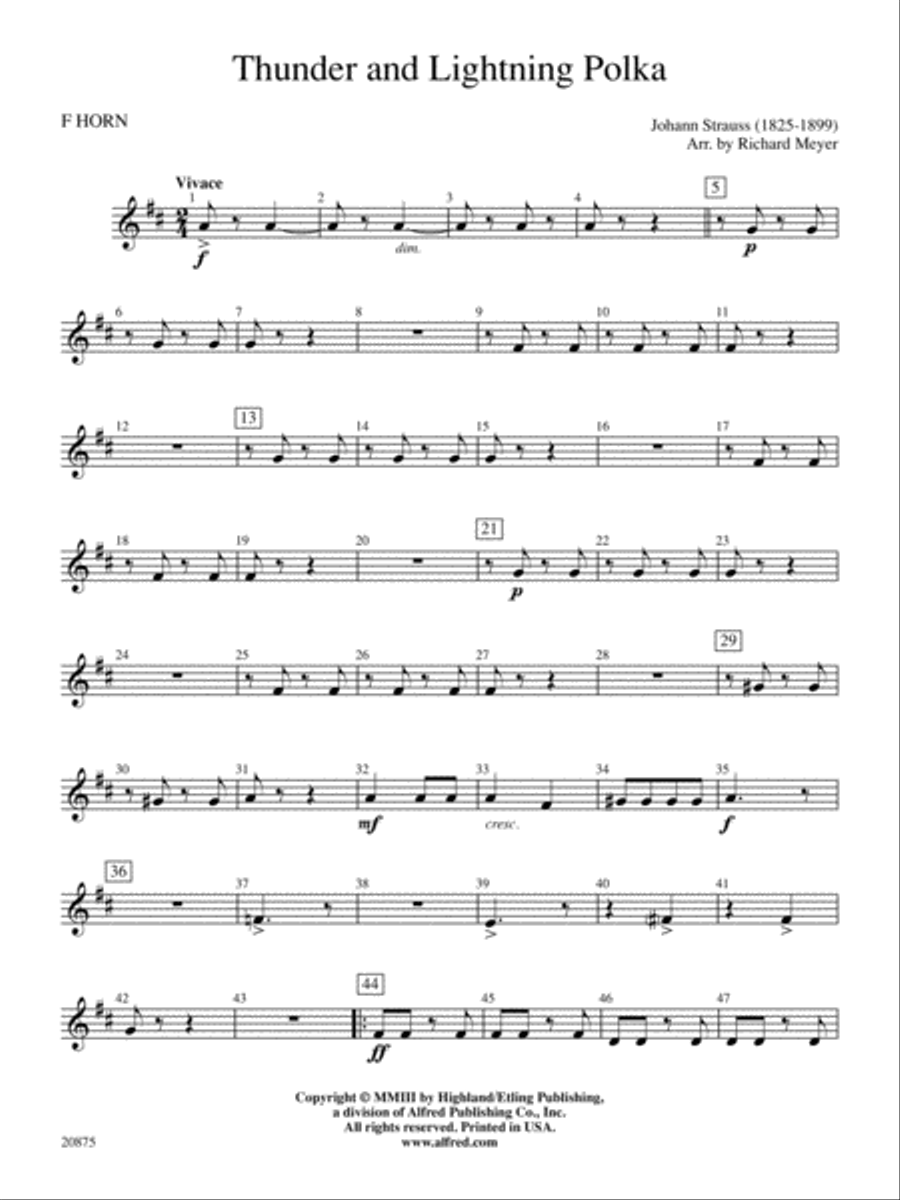 Thunder and Lightning Polka: 1st F Horn Full Orchestra scores gallery preview page 1