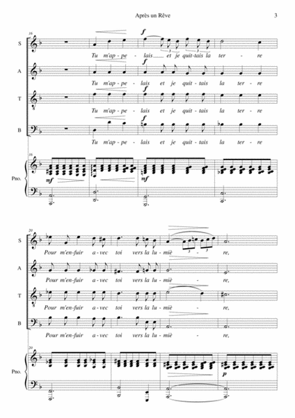 Faure Apres un Reve Op.7 No.1 arranged for SATB choir and piano (or organ)