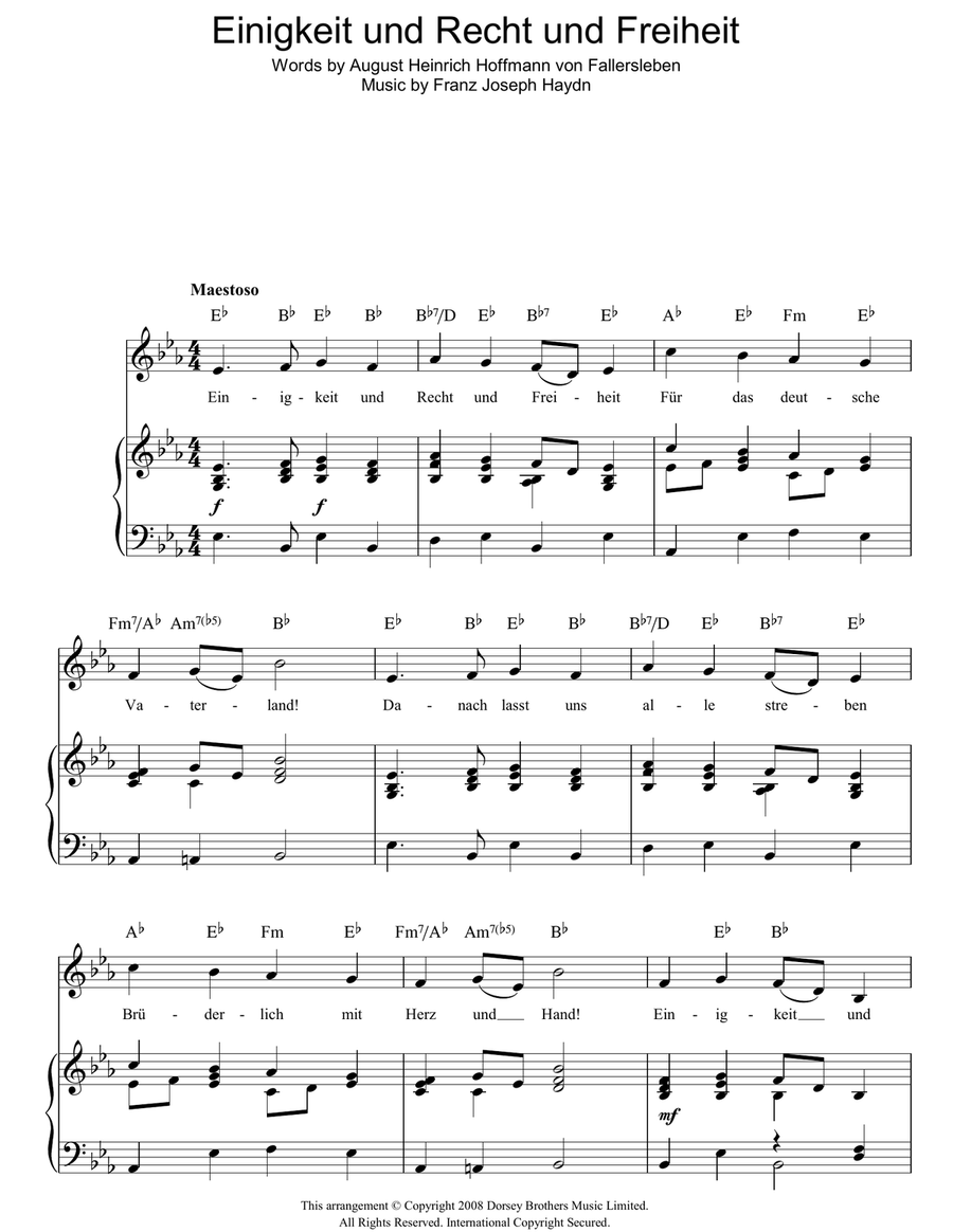 Einigkeit Und Recht Und Freiheit (German National Anthem) Piano, Vocal, Guitar scores gallery preview page 1