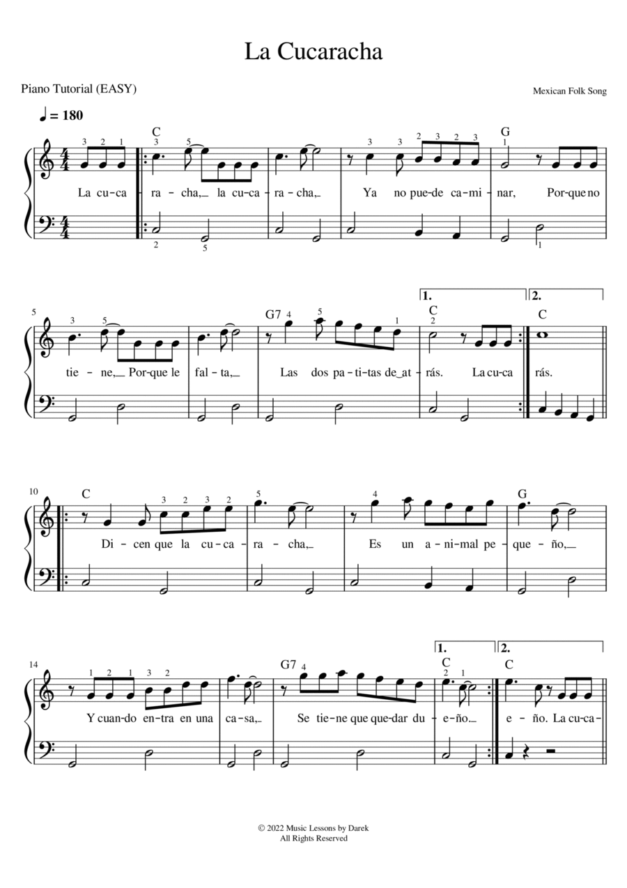 La Cucaracha (EASY PIANO) [Mexican Folk Song] Easy Piano scores gallery preview page 1