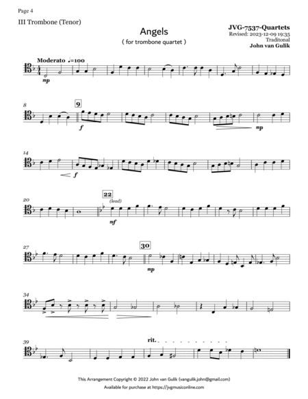 Trombone Quartets For Christmas Vol 1 - Part 3 - Tenor Clef