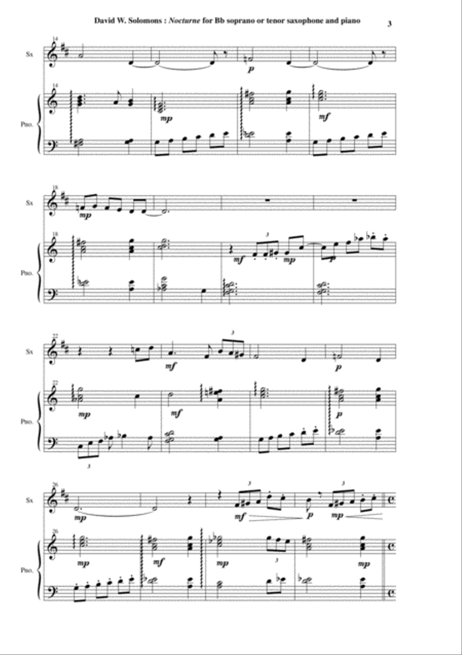 David Warin Solomons: Nocturne for Bb soprano or tenor saxophone and piano Woodwind Duet scores gallery preview page 3