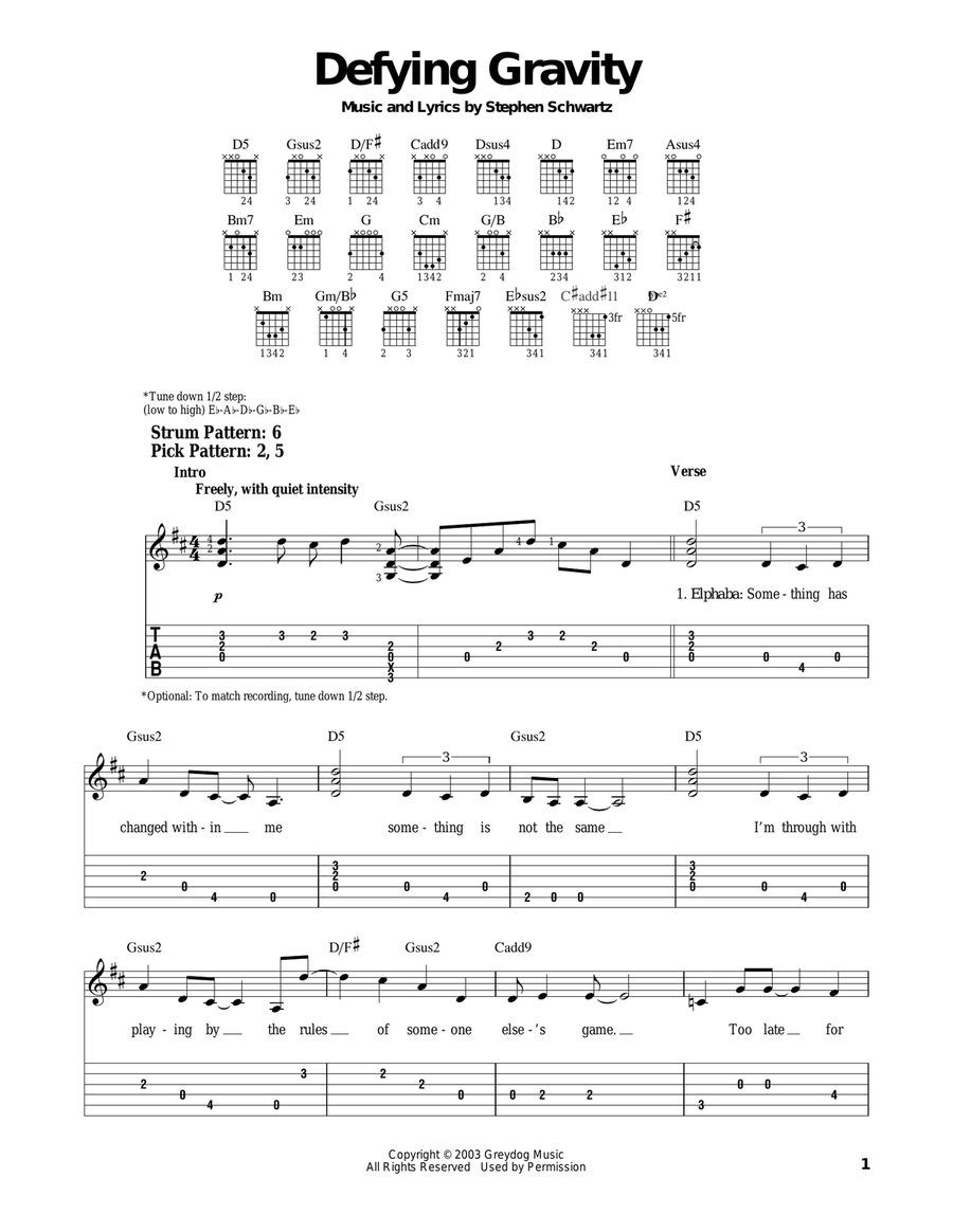 Defying Gravity (from Wicked) Guitar Tablature scores gallery preview page 1