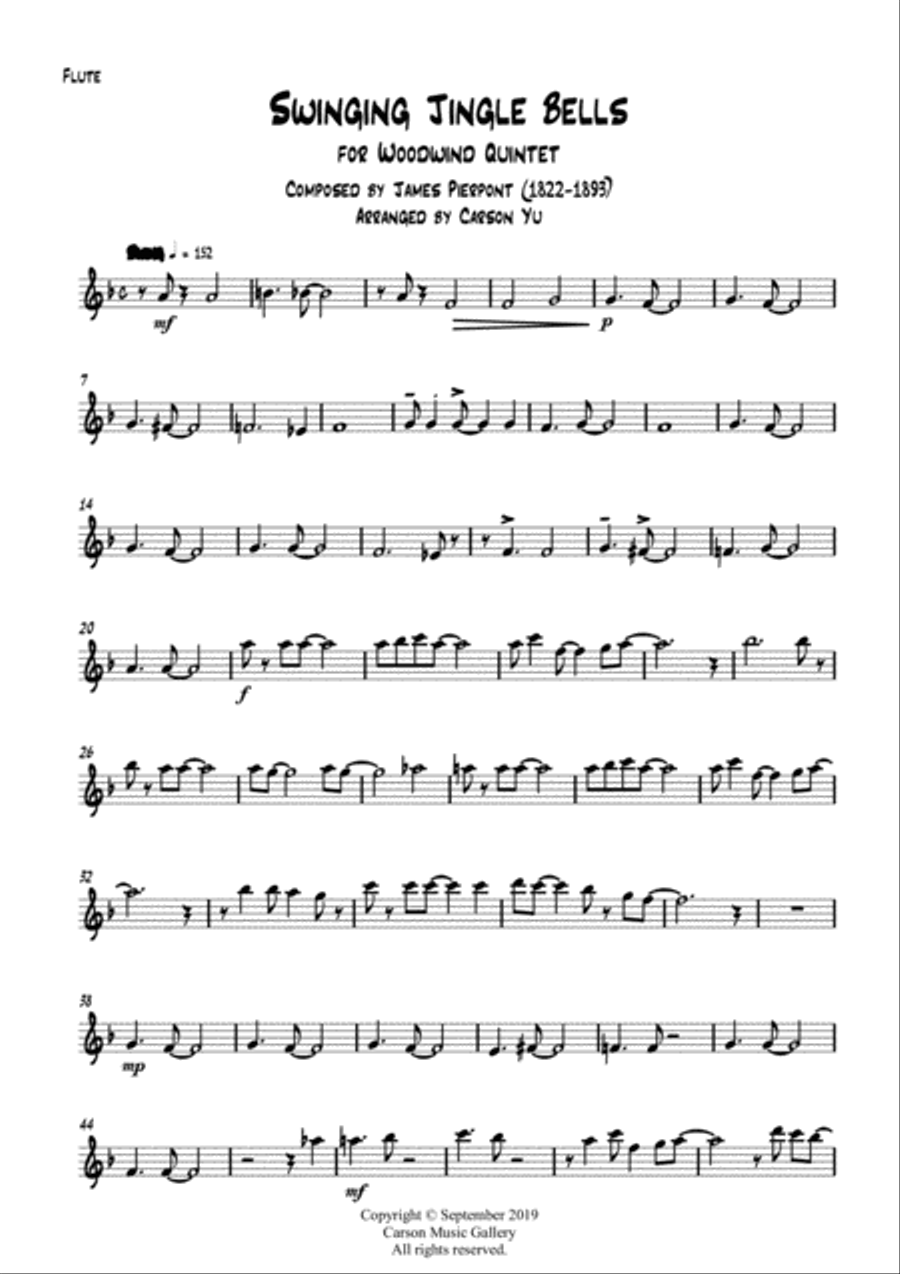 Swinging Jingle Bells - for Woodwind Quintet (arr. Carson Yu) Woodwind Quintet scores gallery preview page 3