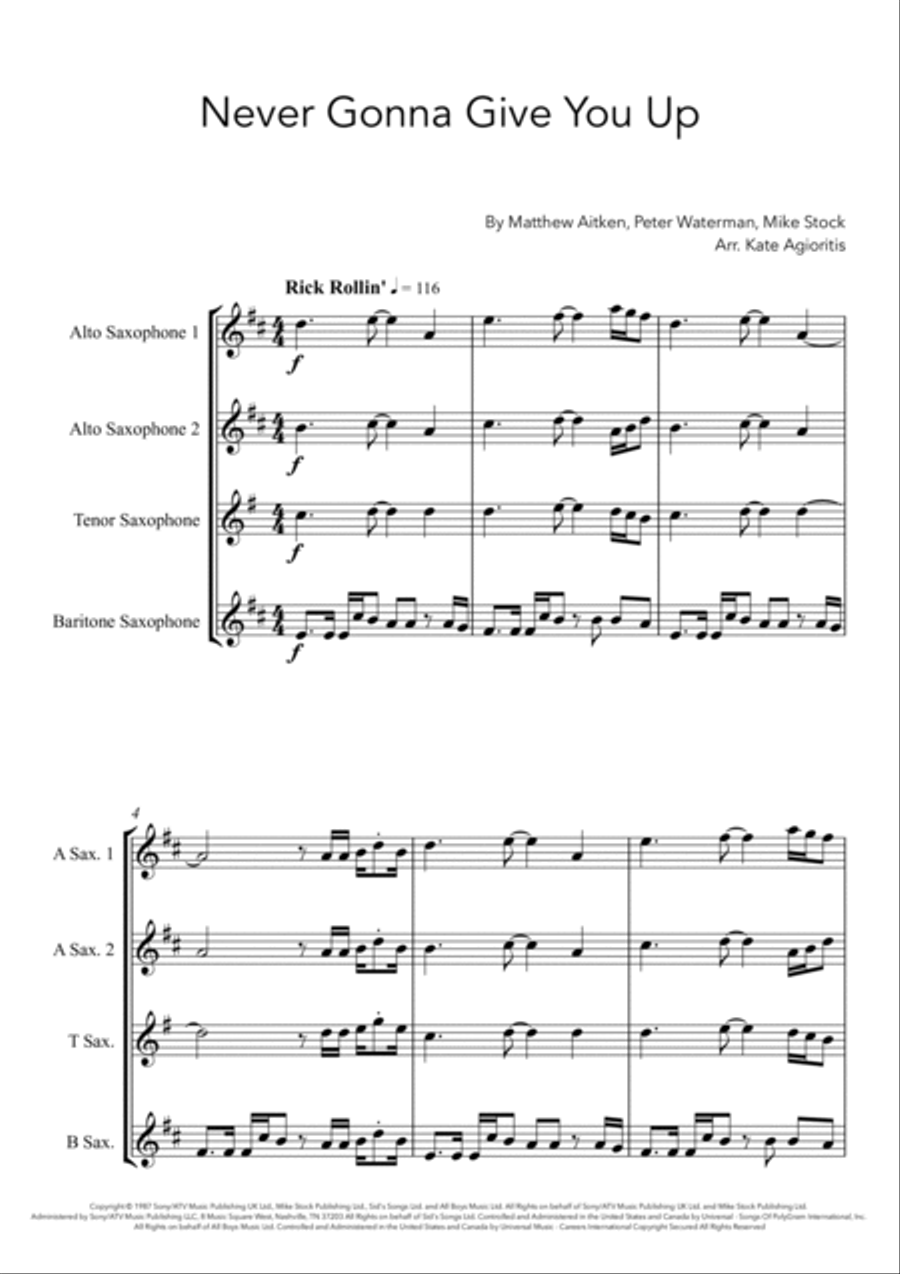 Never Gonna Give You Up Saxophone Quartet scores gallery preview page 3