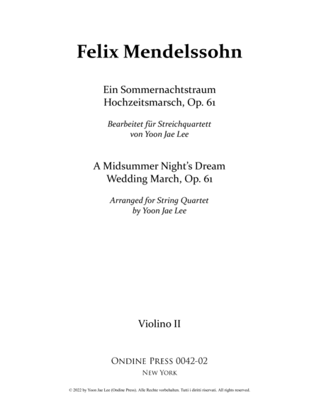 A Midsummer Night's Dream Wedding March for String Quartet, Op. 61 - Set of Parts image number null