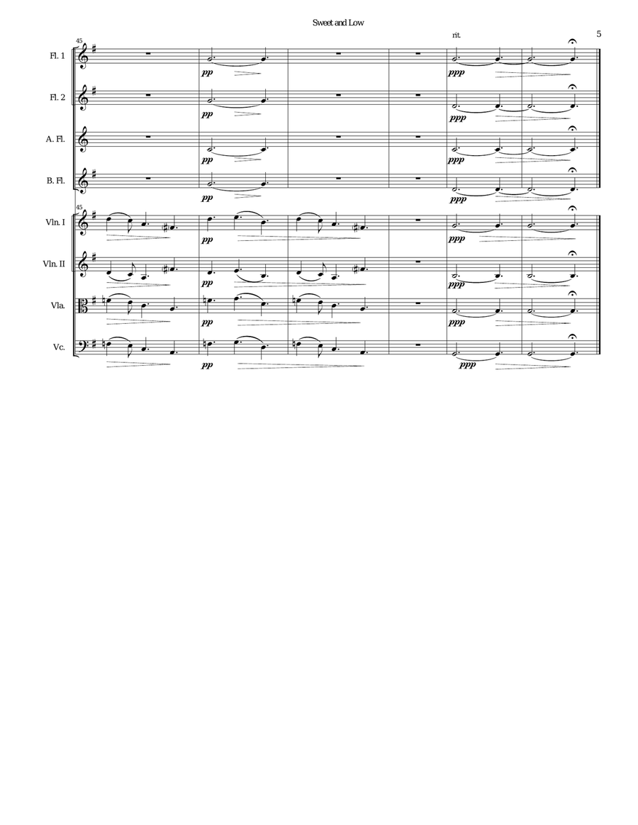 Sweet and Low (Stanford's setting) arranged for flute quartet and string quartet Flute Quartet scores gallery preview page 5