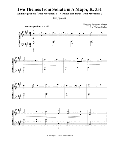 Two Themes from Sonata in A Major (Andante grazioso and Rondo alla Turca) - early intermediate piano image number null